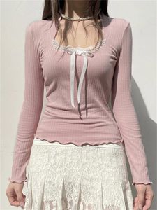 Dames T-shirts Roze Crop Tops Vrouwen Lente Lange Mouw T-shirt Vrouwelijke Koreaanse Kant Slanke Shirt Dames Leuke Boog Up tees Y2K Ropa