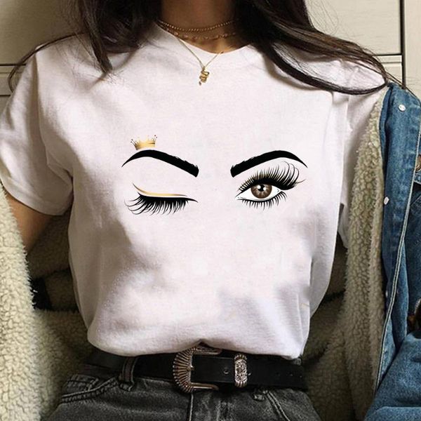 Camisetas para mujer Pestañas rosadas Imprimir Camisa artística Tallas grandes Mujer Princesa Maquillaje Camiseta gráfica Personalidad Hipster Verano Tumblr Camiseta Calle