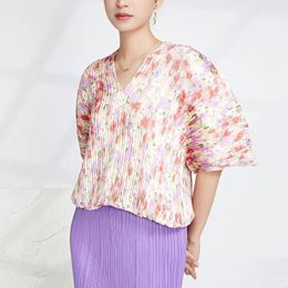 Camisetas de mujer Rosa Morado Estampado floral Fruncido Fruncido Tops Camisetas sueltas Casual Mangas abullonadas Camiseta