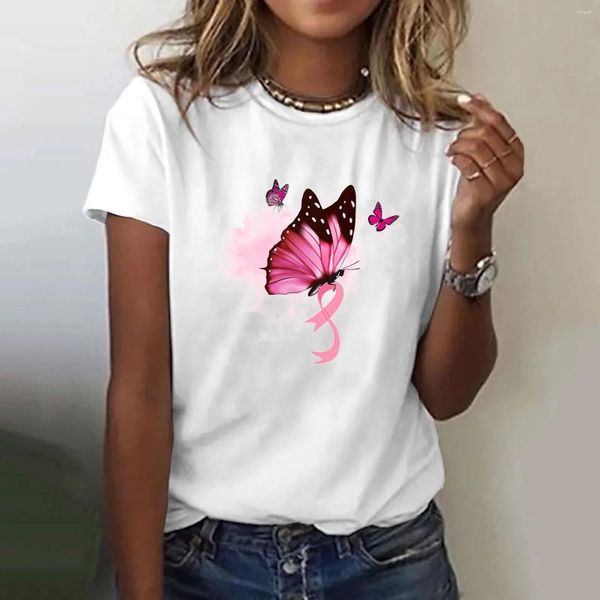 Camisetas para mujer Cinta rosada Estampado de mariposas Camiseta de regalo para concientización sobre el cáncer de mama para mujeres Camisetas casuales de gran tamaño Ropa diaria de moda en
