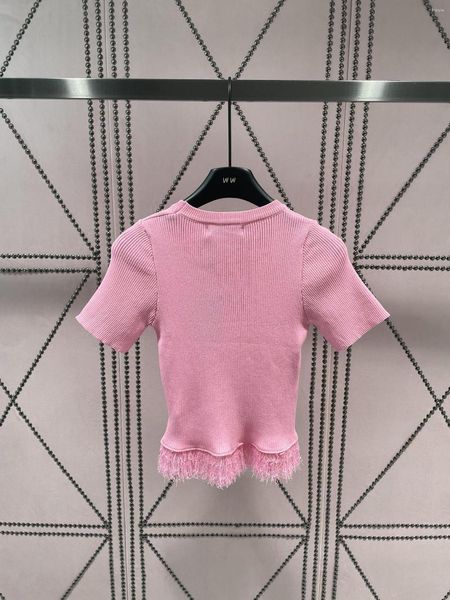 Camisetas para mujer, camiseta rosa de manga corta, diseño de verano, Sense Niche, hombre pequeño, flecos, tejido de seda de hielo, Top corto ajustado de cintura alta