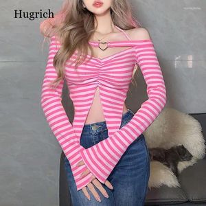 T-shirts pour femmes Rose Stripe Crop Top sexy Sexe Solide Hollow Out Halter Longe à manches Long