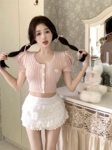 Camisetas de mujer, camiseta rosa, camiseta de manga abullonada de verano para mujer, camisetas cortas con botones de un solo pecho para chicas dulces, ropa Kawaii