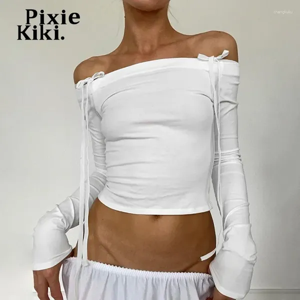 T-shirts Femmes PixieKiki 2000s Tops Y2K Automne Esthétique Chemise Blanche Femmes Noeud Papillon Épaule À Manches Longues Crop Top Kawii Vêtements