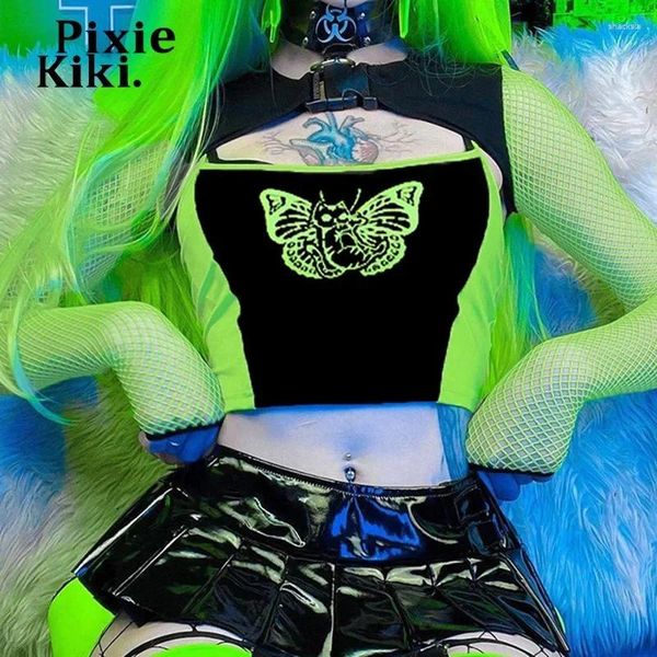T-shirts pour femmes PixieKiki Cyber Y2K Boucle Mesh T-shirt à manches longues Crop Top Butterfly Print Grunge Baby Tee 2 pièces Ensemble Vêtements gothiques
