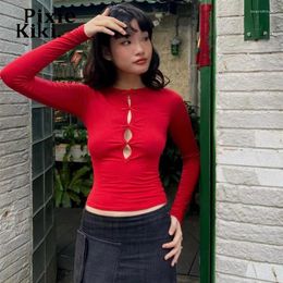 T-shirts voor dames PixieKiki Hollow Out Bow Red Crop Tops Coquette-kleding Lente 2024 Shirt met lange mouwen Dames Y2k Kleding 2000s P33-BE13