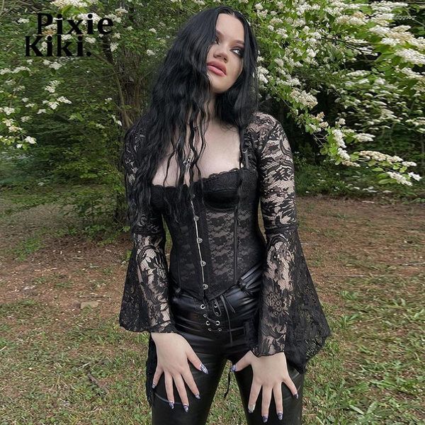 Camisetas de mujeres Pixiekiki Transparente Flower Lace Mesh Corsé Top Vintage Goth Black Ladies Brote de manga larga Botones P80DF11