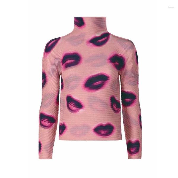 Camisetas plisadas sexis con estampado de labios, camiseta de cuello alto para mujer, jersey de manga larga corta, Tops de diseñador a la moda 2023