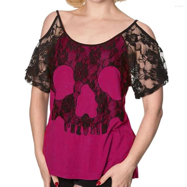 Camisetas de talla grande para mujer, camiseta curva con hombros descubiertos, camiseta de manga corta con Panel de encaje y estampado de calavera rosa