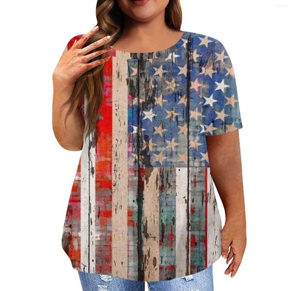 T-shirts pour femmes plus taille pour femmes à manches courtes Shirt America Flag Tops Tee Tee Round Neck Tunic Patriotic Tees Blouse