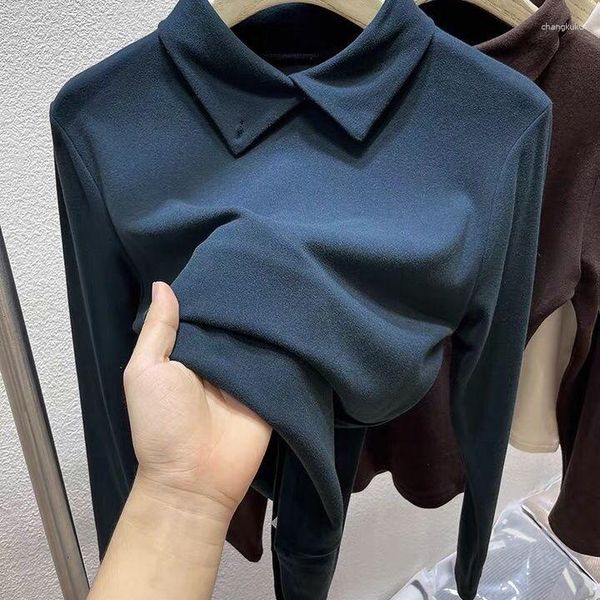 T-shirts à col POLO pour femmes, sous-manteau polaire allemand brossé Double face, hiver et automne 2023, hauts épais en peluche