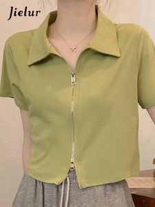 T-shirts pour femmes polo été français chic zipper t-shirts femelles solide couleur slim décontractée simple bureau dames femmes blouses vert