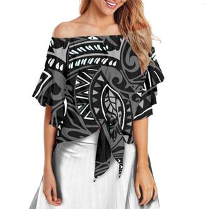 T-shirts pour femmes Polynesia Tribe Luxury Design Tops à épaules dénudées Polyester Femme Chemise Flare Sleeve Retro StyleTattoos Impression Blouses