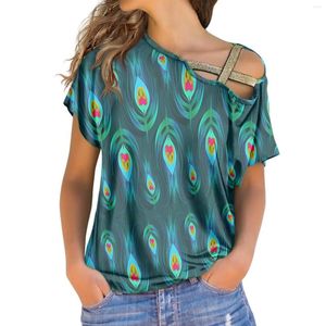 T-shirts pour femmes style polynésien imprimé d'été T-shirt sexy respirant lâche pour femmes avec épaule inclinée à manches courtes mode décontractée