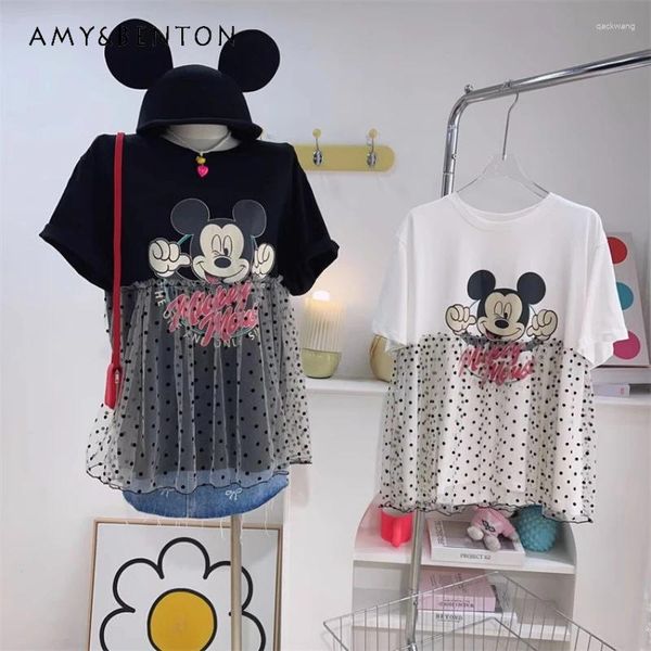 T-shirts pour femmes Potdemiel Korea Style T-shirts 2024 Été Sweet Design Sense Dot Mesh Stitching Cartoon Imprimé à manches courtes