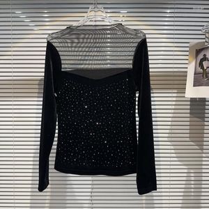 T-shirts femme PREPOMP 2023 automne arrivée à manches longues maille transparente Patchwork diamants velours chemise noire femmes GL431