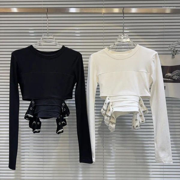 Camisetas para mujer PREPOMP 2024, llegada de primavera, manga larga, cuello redondo, vendaje de Metal, camisa de cintura delgada para mujer GP395