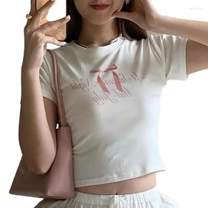 Dames T-shirts Preppy O-hals crop top met korte mouwen Koreaans Zoet Schattig Strik Print T-shirt Slim Fit Baby Tees Y2K Esthetische Harajuku