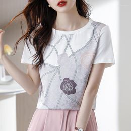 Camisetas femininas estampadas camiseta feminina verão 2023 em algodão camisetas soltas manga curta camisa coreana com decote em O YCMYUNYAN