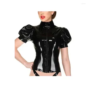 Dames T -shirts Puff met korte mouwen Glanzende PVC Leather Dames Tops Party Club Zipper Slim vaste kleur T -shirt sissy latex look blouse Custom