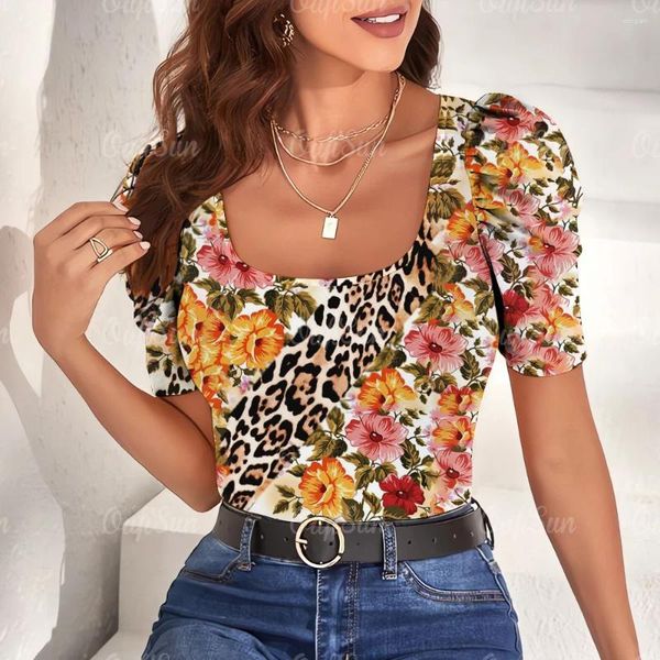 T-shirt à manches bouffantes pour femmes, haut court et Slim, col en U, motif léopard imprimé en 3D, vêtements de rue carrés d'été