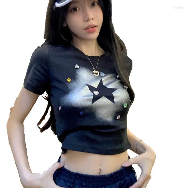 T-shirts pour femmes Pure Cotton High Street Wear T-shirts pour femmes à manches courtes Star Print Sexy Tops Expose Navel Broken Drill Bottom Tees Femme