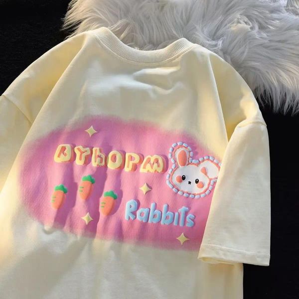 Camisetas de algodón puro para mujer, camiseta de manga corta con letras de conejo de dibujos animados japoneses, camisetas Ins de media manga holgadas y dulces