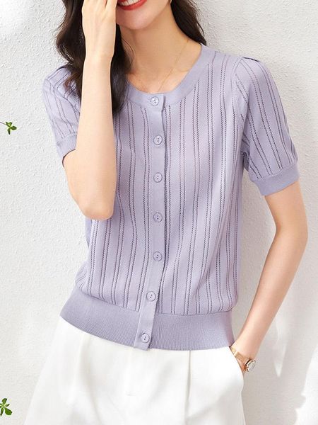 Camisetas de mujer púrpura blanco Lolita Linda seda de hielo de punto camisa de verano mujeres delgadas Hallow manga corta Tops moda coreana señoras abotonada