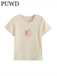 Camisetas para mujer PUWD Beige, camisetas con estampado de dibujos animados, moda de primavera 2024, camiseta de manga corta de algodón suave con cuello redondo para mujer, Tops Vintage elegantes para mujer