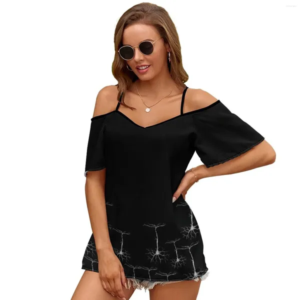 T-shirts pour femmes Cellules pyramidales sur manches fendues noires Impression d'épaule froide Femmes Chemise Casual Summer Tee Tshirt Loose Top Science