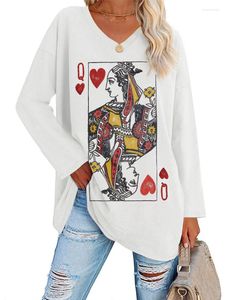 Dames T-shirts Queen Of Hearts Grafisch Oversized T-shirt Voor Dames Lente Casual Lange mouw V-hals Losse Tuniek Top Street chic 2024