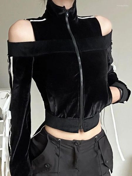 T-shirts pour femmes Qweek Coquette coréen dépouillé d'épaule zipper zip à sweat à capuche courte des femmes