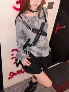 T-shirts de femmes Qweek gothique off feme femme vintage grunge harajuku y2k tops goth goth lipt dye dye à manches longues femelle