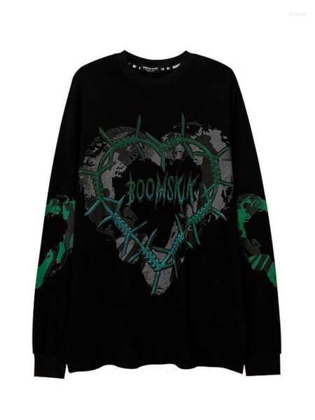 T-shirts Femmes Qweek Gothic Punk Vert Imprimer T-shirts à manches longues Femmes Grunge Oversize Harajuku Streetwear Hippie O-Cou Noir Top