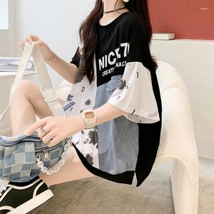 Camisetas de mujer Real S de estilo coreano, camiseta vaquera de algodón de longitud media con retazos, camiseta de manga corta para mujer de talla grande