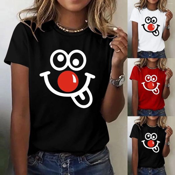 Camisetas para mujer Nariz roja Impreso Cuello redondo Camisa corta en V Mujeres Swing Bottom Camiseta de manga larga para mujer Alta