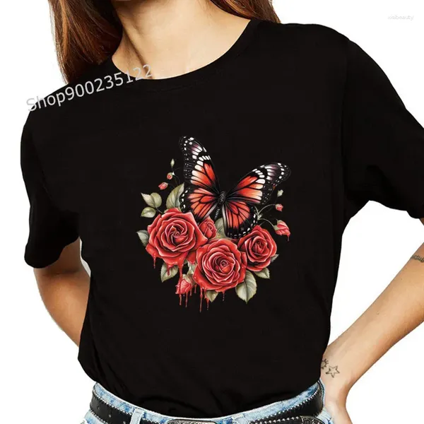 Camisetas para mujer, camisetas con rosas rojas, camisetas para mujer con estampado de flores a la moda, camiseta gráfica con bolsillo, ropa estética, camisetas informales de manga corta para mujer