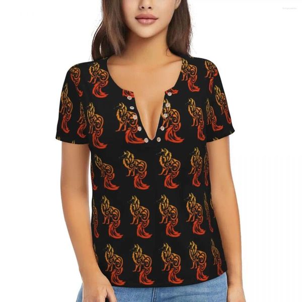 Camisetas para mujer, camiseta roja Tribal salvaje con estampado de animales estilo callejero, camiseta con cuello en V profundo, camiseta extragrande Harajuku, ropa de diseño de verano