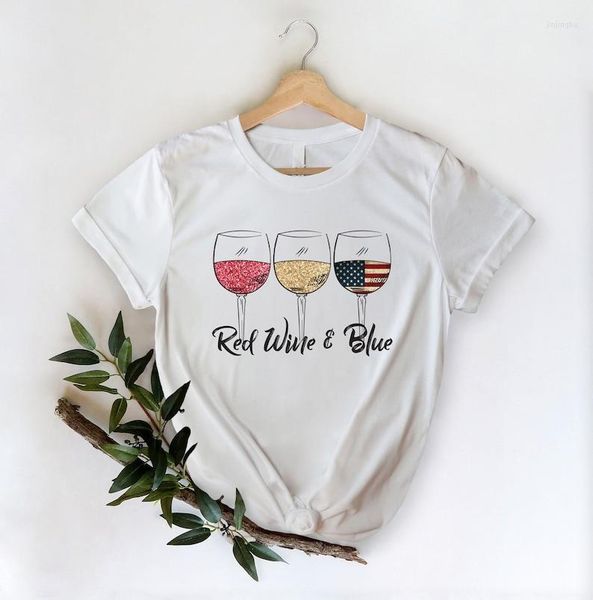 T-shirts pour femmes Chemise bleu vin rouge 4 juillet Cadeau de la fête de l'indépendance patriotique pour les femmes Top à manches courtes T-shirts O Neck Streetwear Cctton