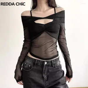 T-shirts de femmes Reddachic Sheer Mesh manches longues T-shirt Femmes rétro Black Hollow-Out V-Neck Patchwork Off-épaule Smue Top Night