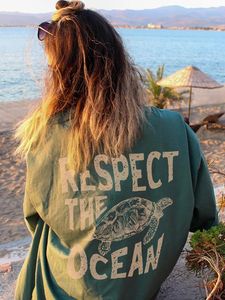 T-shirts pour femmes Respectez l'océan Tortue de mer Femme T-shirts en coton Vintage T-shirt décontracté Vêtements Personnalité Rue Haut Col En O Femmes Courtes