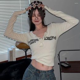 Женские футболки, эластичная футболка с принтом граффити в стиле ретро, женская трикотажная футболка в рубчик Y2k, укороченный топ Fairycore Grunge с длинным рукавом, корейский