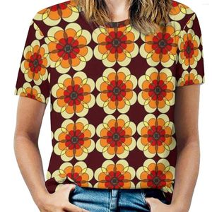 Camisetas para mujeres Retro Marigold Woman's Camiseta de primavera y verano Cuella de la tripulación de la tripulación Top lateral de los años setenta 70s