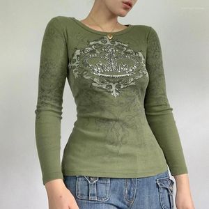 T-shirts pour femmes Strass Graphique Imprimé Chemise verte Printemps Automne Slim Fit Tops Vintage Y2K Esthétique Sweats Tees Preppy Mall Goth