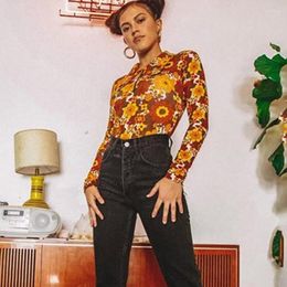 Vrouwen T Shirts Rompertjes Bloemenprint Jumpsuits Mode Rits T-shirts Sexy Schede Skinny Lange Mouw Bodysuits Top Pak Catsuit