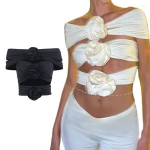 T-shirts pour femmes Rose Flower Crop Top Femmes Corset- Été Off-shoulder Sans manches Tops froncés Bustier Sexy Short