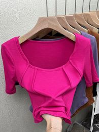 Camisetas para mujer, camiseta rosa roja, camisetas cortas de Color sólido Y2k coreano Harajuku, ropa de calle, camiseta de manga corta divertida Vintage de verano, ropa superior