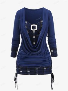 Dames T-shirts ROSEAGL Grote maten Ruches Gesp Cinched Plaid T-shirt 2024 Dames Herfst Winter Casual Col Lange mouwen Blouse Tops