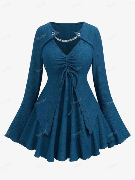 T-shirts pour femmes Rosegal Blue Blue Flare Sleeve T-shirt T-shirt automne hiver long T-Tees Casual Tees Panneau de chaîne Ruffles Tops ci-cou