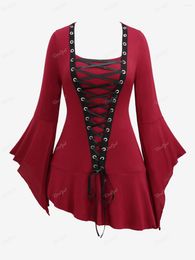 Camisetas de mujer ROSEGAL Gothic Lace Up Ruffles Camiseta asimétrica Rojo Casual Cuello cuadrado Mangas acampanadas Mujer Otoño Invierno Camiseta Fruncido Tops